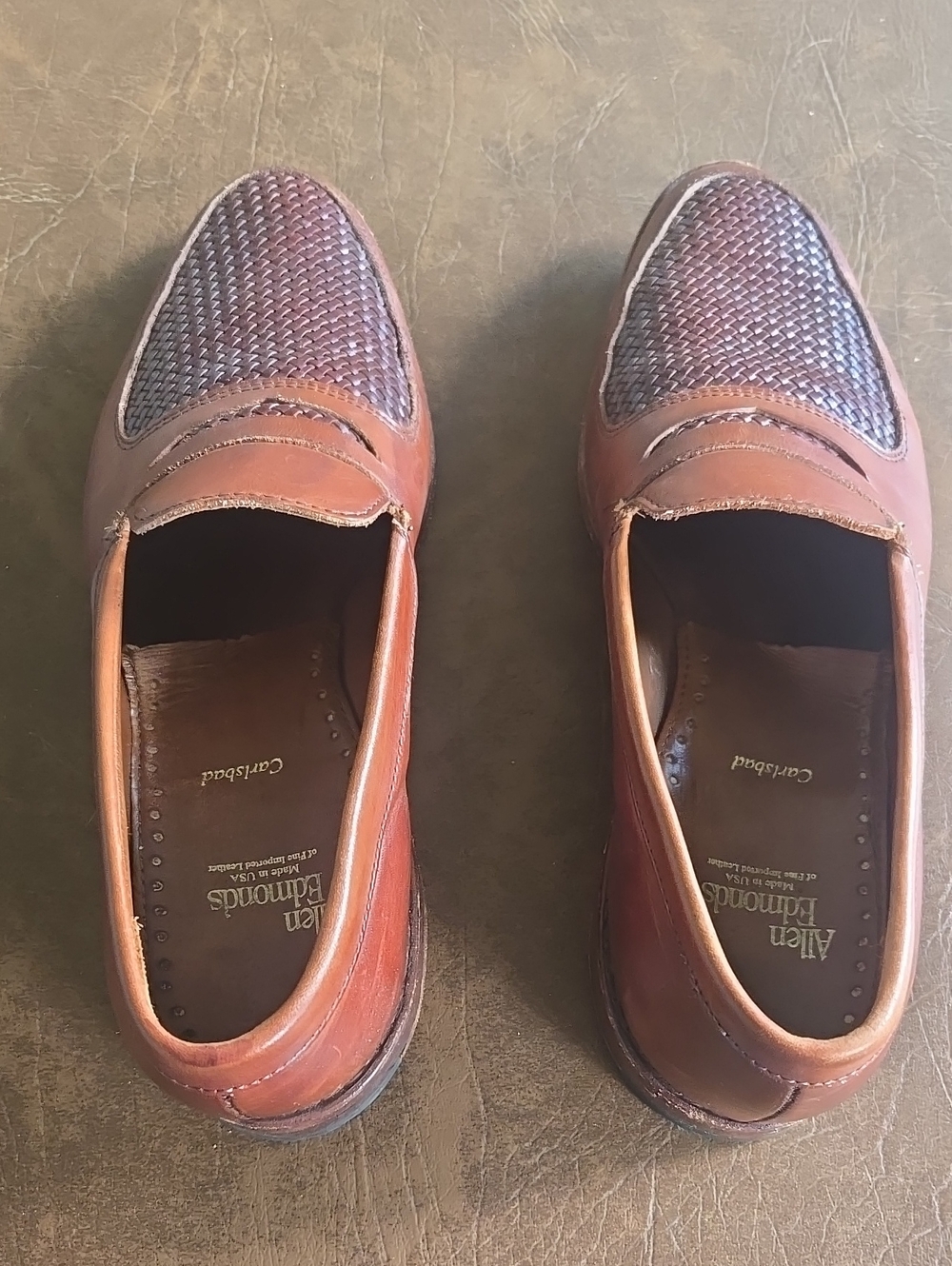 Allen Edmonds Cognac Leather Woven Penny Loafers